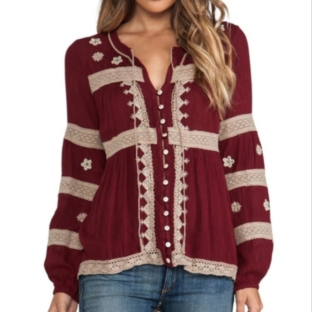 Free People Boho Cranberry & Lace Top Size XS